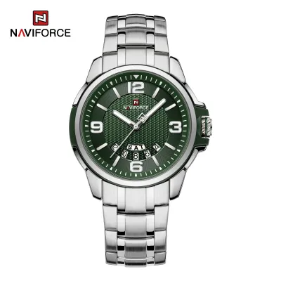 NAVIFORCE 9215 Men Wristwatch Top Brand Luxury Waterproof Watch Original Stainless Steel Sport Military Quartz Male Clock - Silver Green